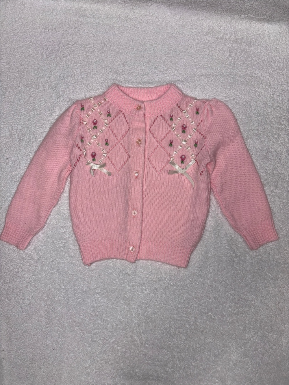 Tiny tots vintage Pink Embroidered ribbon Knit Button-Front Cardigan girls 12m
